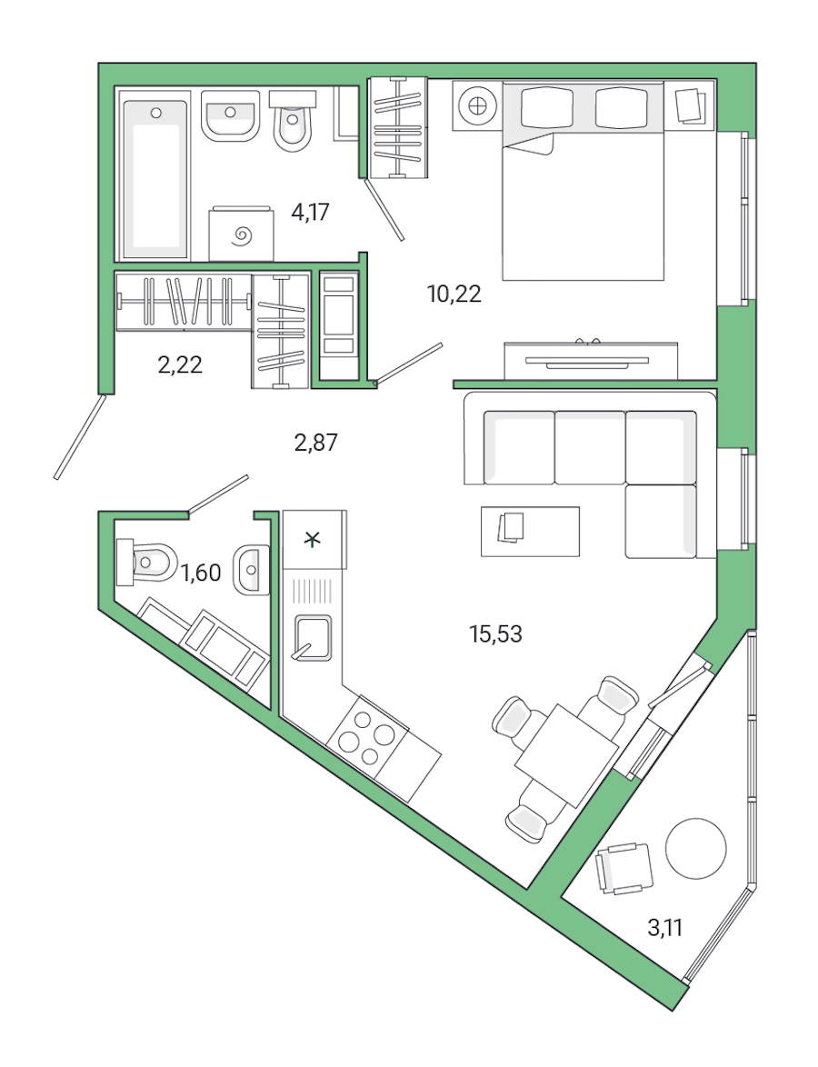 1-комнатная квартира 39.72 м², 8/8 эт., ЖК «Jaanila Drive»